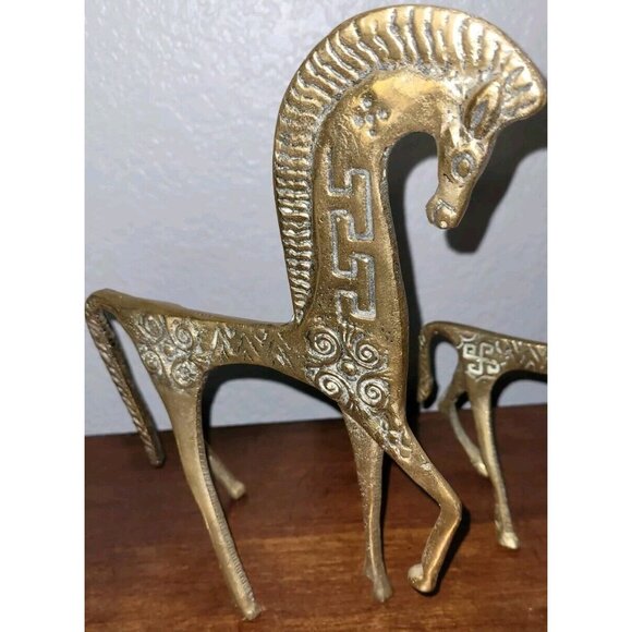 2 Etruscan Brass Horses Roman Mid Century Modern Greek Sculpture MCM Vintage - Picture 4 of 11